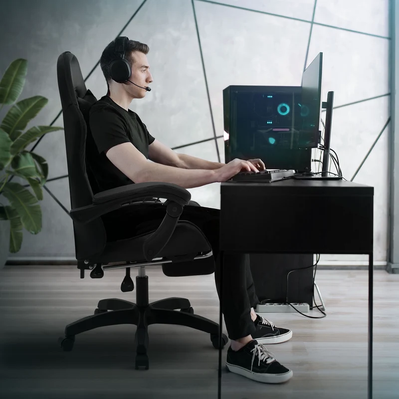 ML-Design | Gaming Stuhl mit Fußstütze, Kopfstütze und Armlehne, 62x109–119x62 cm, aus Kunstleder, Drehstuhl, Bürostuhl