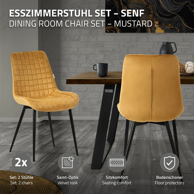 Esszimmerstuhl 2er Set Senfgelb mit Samtbezug und Stahlbeinen Küchenstuhl mit Rückenlehne ML-Design