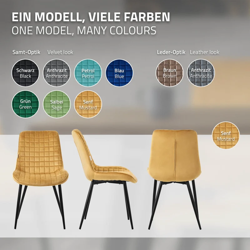 Esszimmerstuhl 2er Set Senfgelb mit Samtbezug und Stahlbeinen Küchenstuhl mit Rückenlehne ML-Design