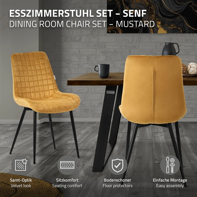 Esszimmerstuhl 6er Set Senfgelb mit Samtbezug und Stahlbeinen Küchenstuhl mit Rückenlehne ML-Design