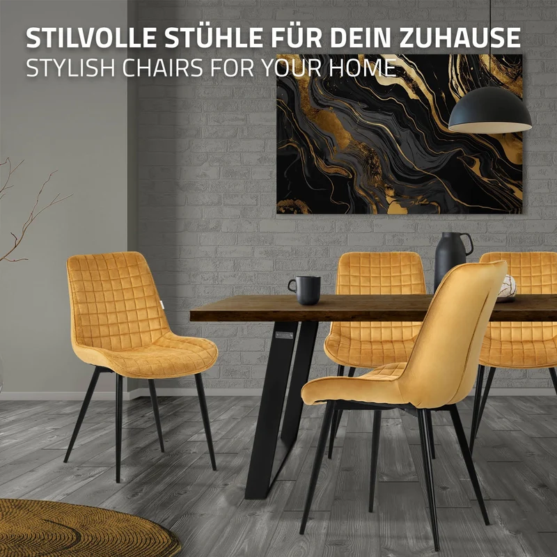 Esszimmerstuhl 6er Set Senfgelb mit Samtbezug und Stahlbeinen Küchenstuhl mit Rückenlehne ML-Design