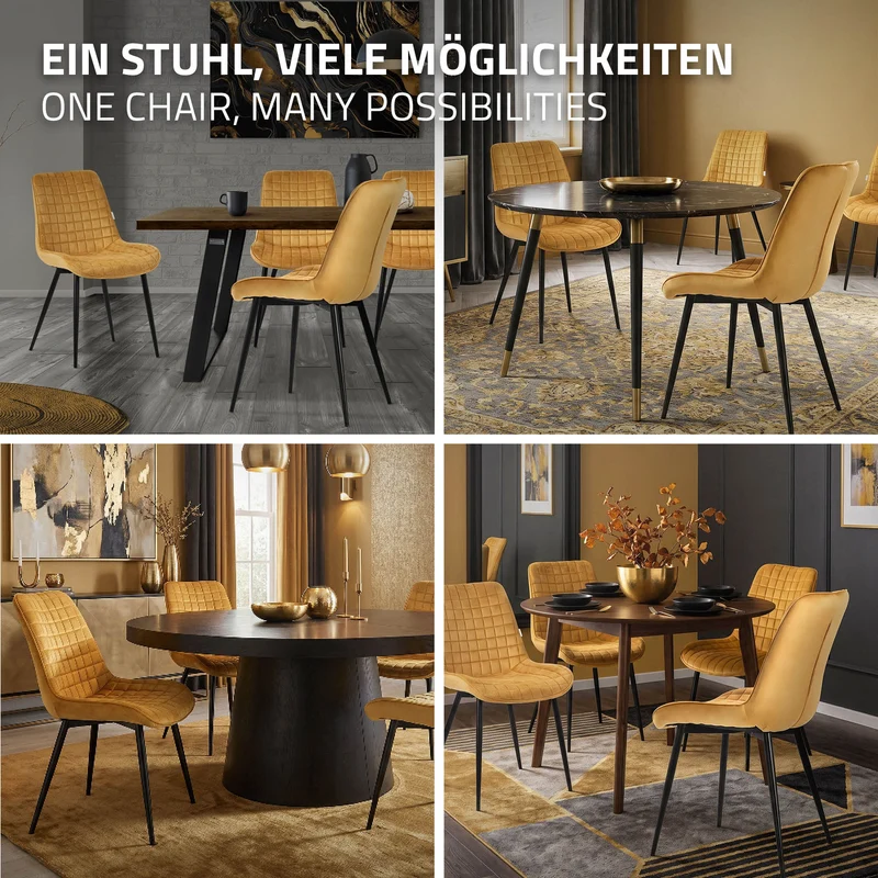 Esszimmerstuhl 6er Set Senfgelb mit Samtbezug und Stahlbeinen Küchenstuhl mit Rückenlehne ML-Design