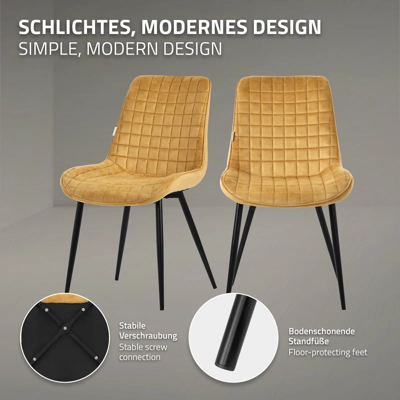 Esszimmerstuhl 4er Set Senfgelb mit Samtbezug und Stahlbeinen Küchenstuhl mit Rückenlehne ML-Design