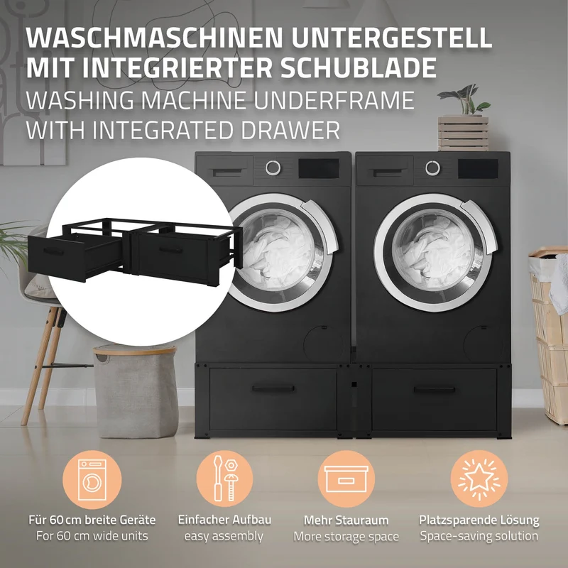 Waschmaschinen Untergestell Unterschrank doppel 128x53,5x31,5 cm mit Schublade in Schwarz ML-Design