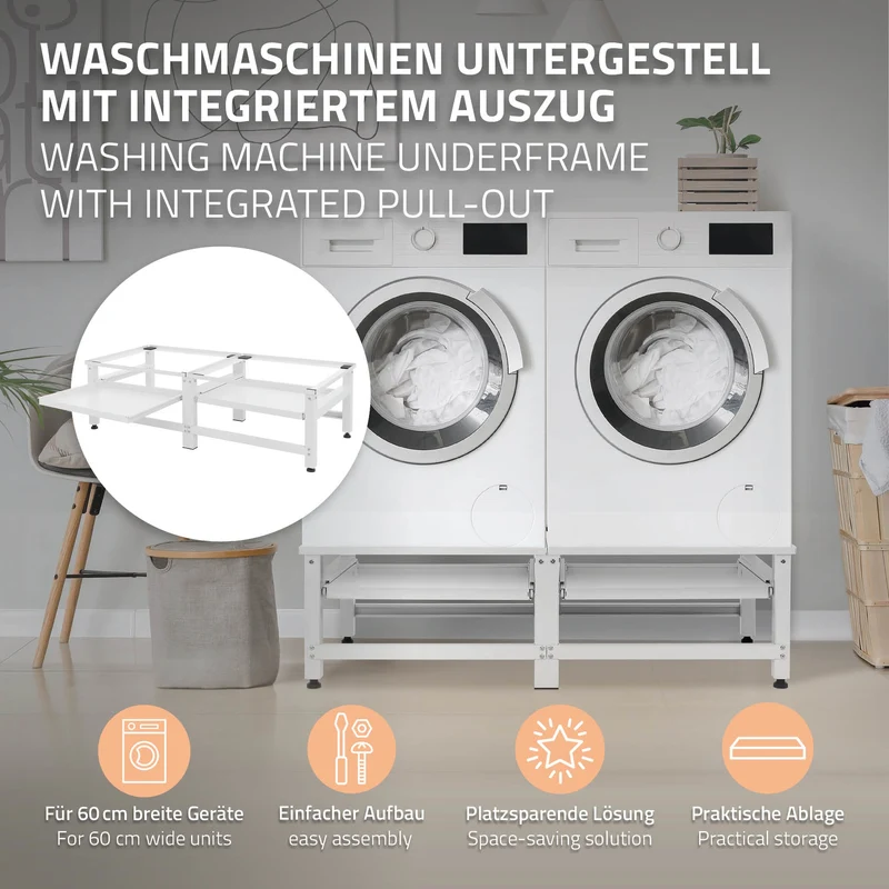 Waschmaschinen Untergestell Unterschrank doppel 122x53,5x37 cm mit ausziehbarer Ablage in Weiß ML-Design