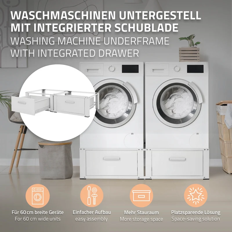 Waschmaschinen Untergestell Unterschrank doppel 128x53,5x31,5 cm mit 2 Schubladen in Weiß ML-Design