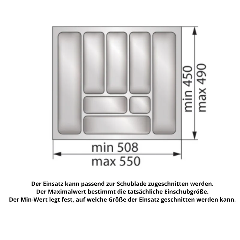 Besteckeinsatz für Schublade, Korpusbreite: 600mm, Tiefe: 490mm - Metallic