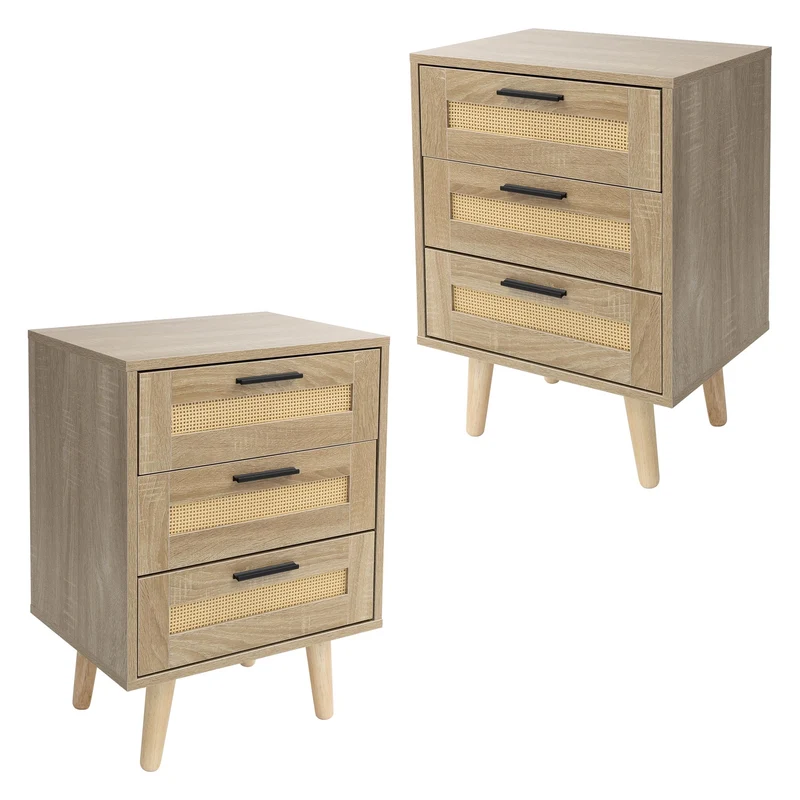 ML-Design | Nachttisch mit Rattanfront & Massivholzfüßen, Eiche-Optik, Nachtkommode Nachtschrank Beistelltisch