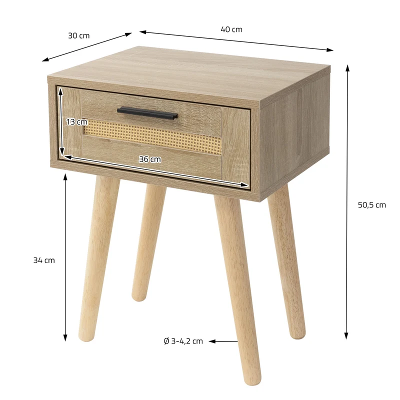 ML-Design | Nachttisch mit Rattanfront & Massivholzfüßen, Eiche-Optik, Nachtkommode Nachtschrank Beistelltisch