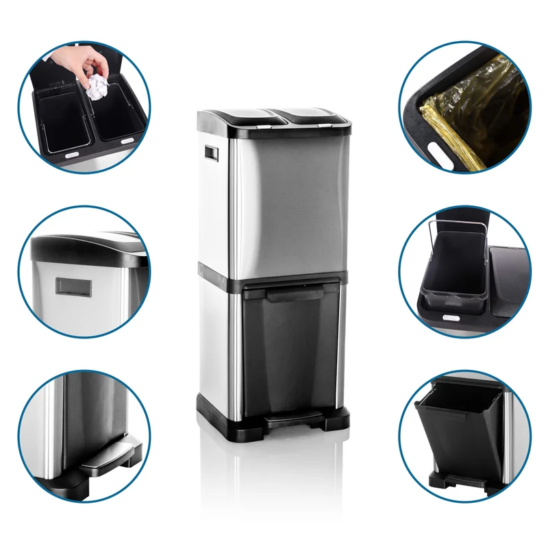 C-Ware hjh OFFICE Abfallsammler Mülltrennsystem CLEAN VII Mülleimer 32L Stahl silber