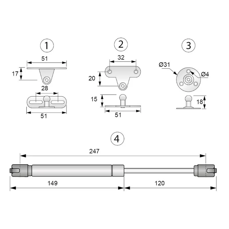 Gasdruckdämpfer Silber 250mm - 200N