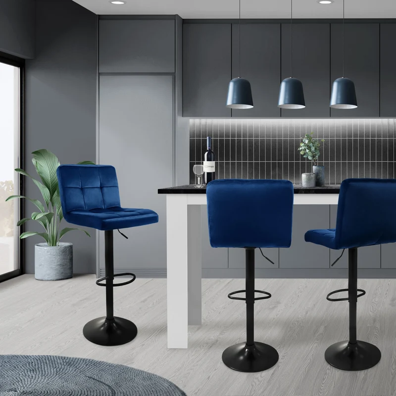 Barhocker 2er Set Blau Samtbezug mit Rückenlehne und Fußstütze höhenverstellbar 63-83cm ML-Design