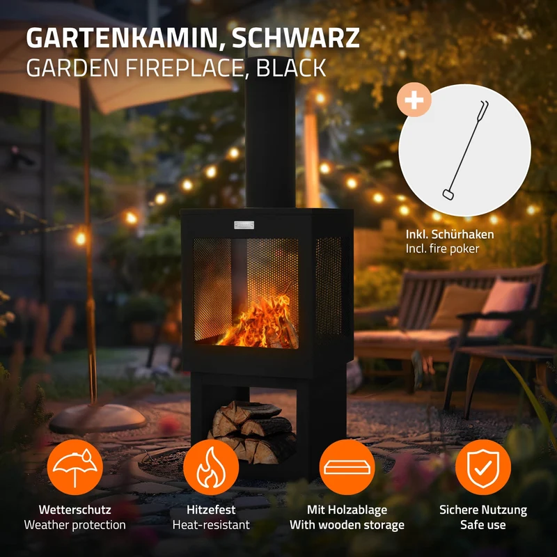 ML-Design | Gartenkamin mit Schornstein eckig / rund aus Stahl, Schwarz, Outdoor Terrassenofen mit Schürhaken abnehmbarem Dach
