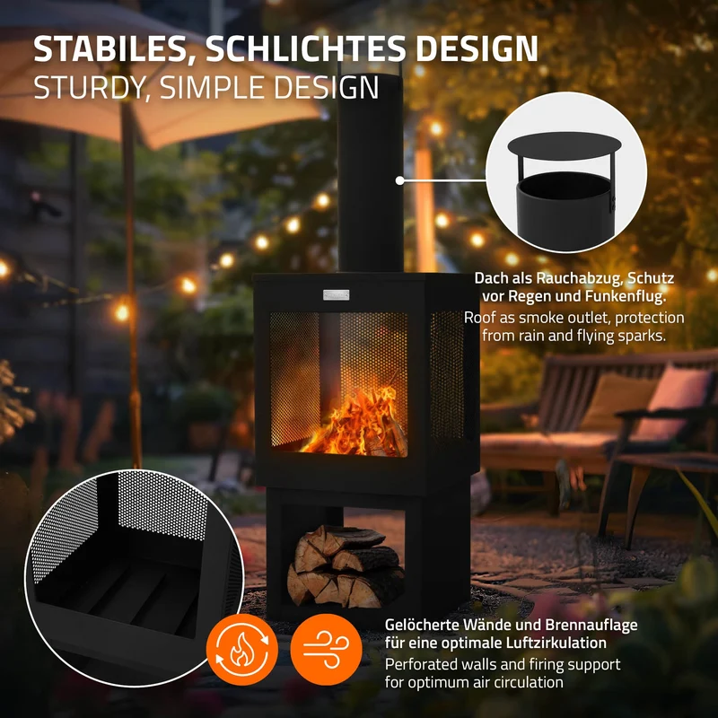 ML-Design | Gartenkamin mit Schornstein eckig / rund aus Stahl, Schwarz, Outdoor Terrassenofen mit Schürhaken abnehmbarem Dach