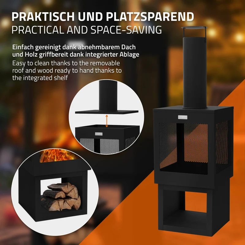 ML-Design | Gartenkamin mit Schornstein eckig / rund aus Stahl, Schwarz, Outdoor Terrassenofen mit Schürhaken abnehmbarem Dach