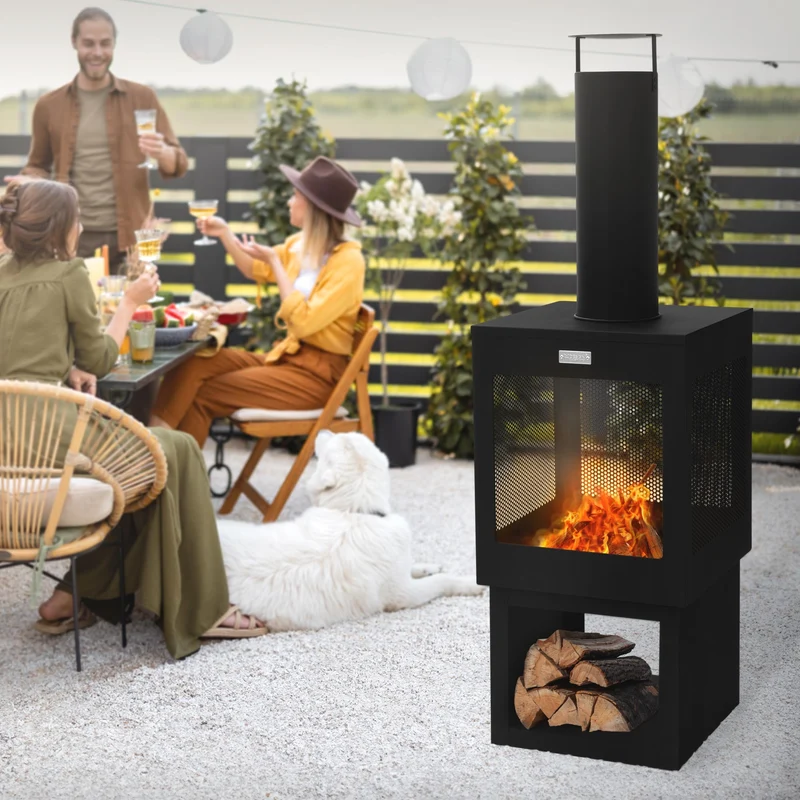 ML-Design | Gartenkamin mit Schornstein eckig / rund aus Stahl, Schwarz, Outdoor Terrassenofen mit Schürhaken abnehmbarem Dach