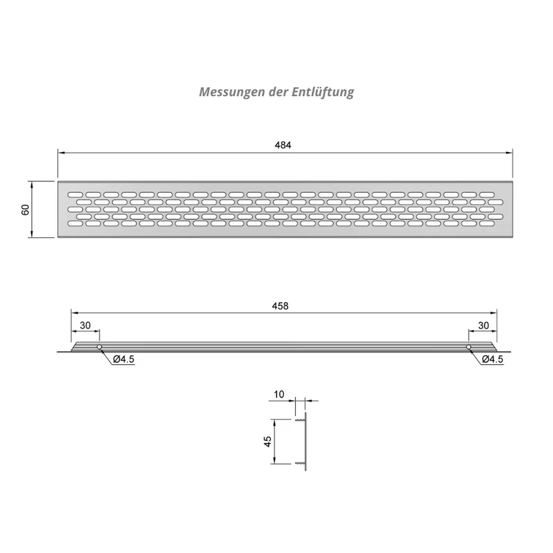 Aluminium-Lüftungsgitter für Küchenarbeitsplatten / Sockel, 484x60mm Silber