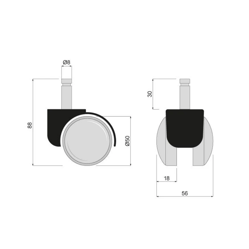 Möbelschwenkrad aus Kunststoff mit Montagestift 8mm und Hülse - Ø50mm
