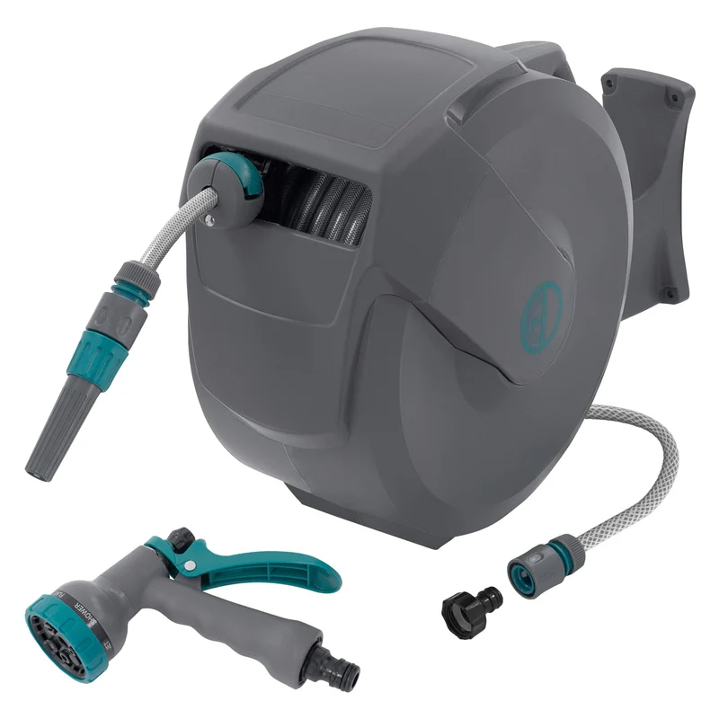 ECD Germany | Schlauchaufroller mit Arretierstop und 9 Sprühfunktionen 180° Schwenkbar, 15/20/30m, Schlauchtrommel Wand-Schlauchbox RollUp