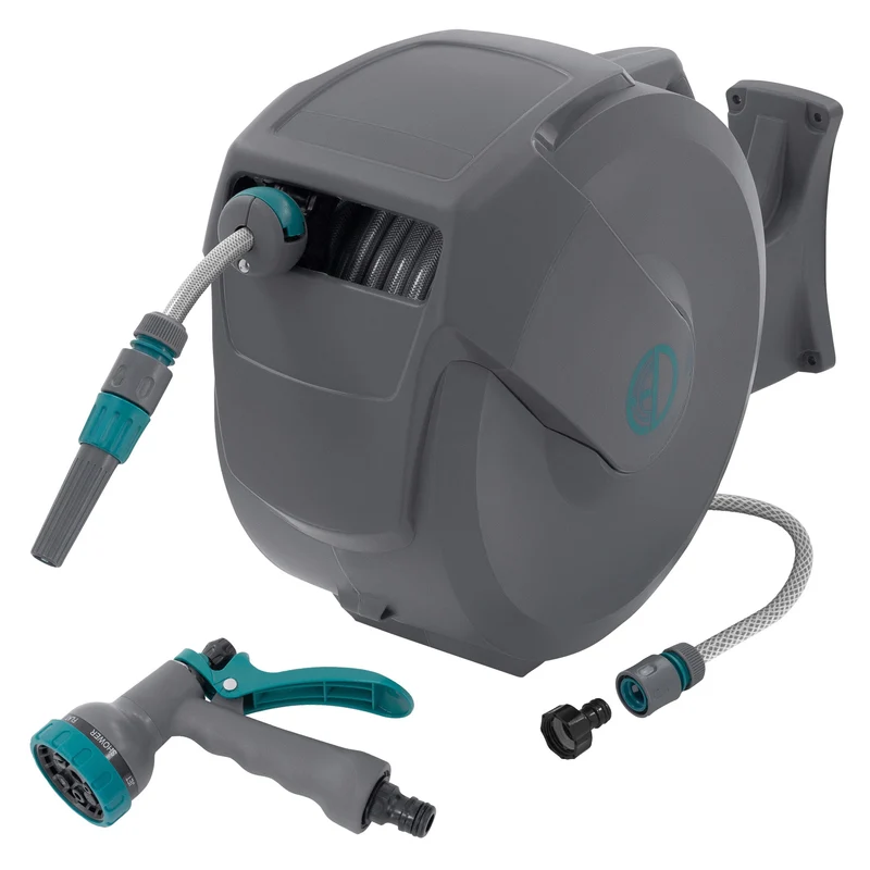 ECD Germany | Schlauchaufroller mit Arretierstop und 9 Sprühfunktionen 180° Schwenkbar, 15/20/30m, Schlauchtrommel Wand-Schlauchbox RollUp