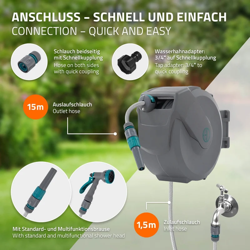 ECD Germany | Schlauchaufroller mit Arretierstop und 9 Sprühfunktionen 180° Schwenkbar, 15/20/30m, Schlauchtrommel Wand-Schlauchbox RollUp