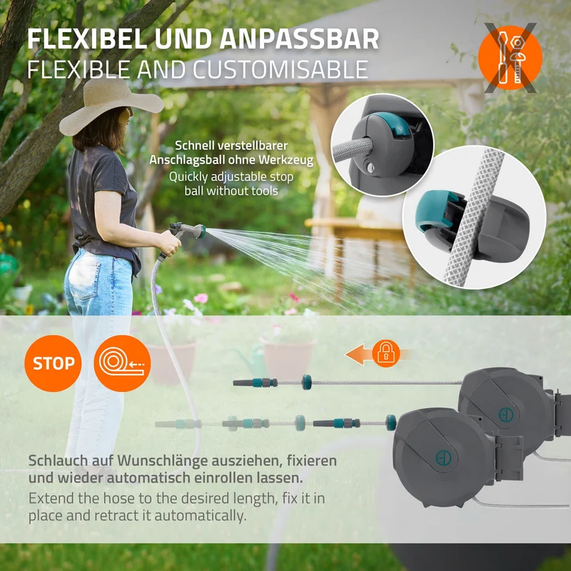 ECD Germany | Schlauchaufroller mit Arretierstop und 9 Sprühfunktionen 180° Schwenkbar, 15/20/30m, Schlauchtrommel Wand-Schlauchbox RollUp