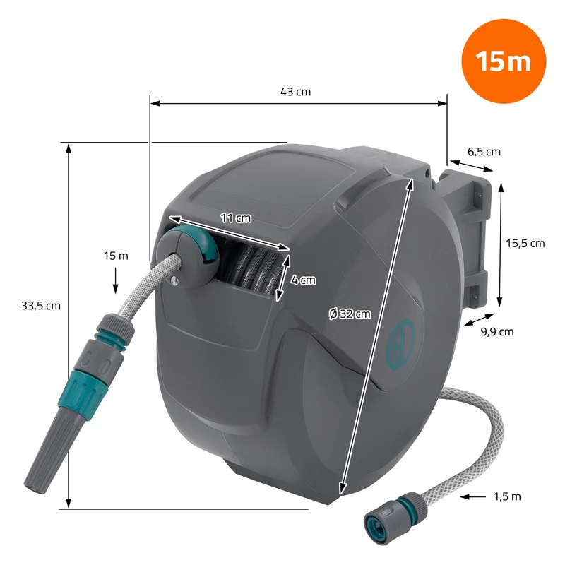 ECD Germany | Schlauchaufroller mit Arretierstop und 9 Sprühfunktionen 180° Schwenkbar, 15/20/30m, Schlauchtrommel Wand-Schlauchbox RollUp