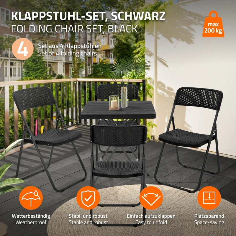 ECD Germany | Balkonstuhl Set Klappbar 51x46x82 cm, aus Stahl, PP-Kunststoff, Schwarz, Rattan-Optik Bistrostuhl Gartenstuhl Campingstuhl
