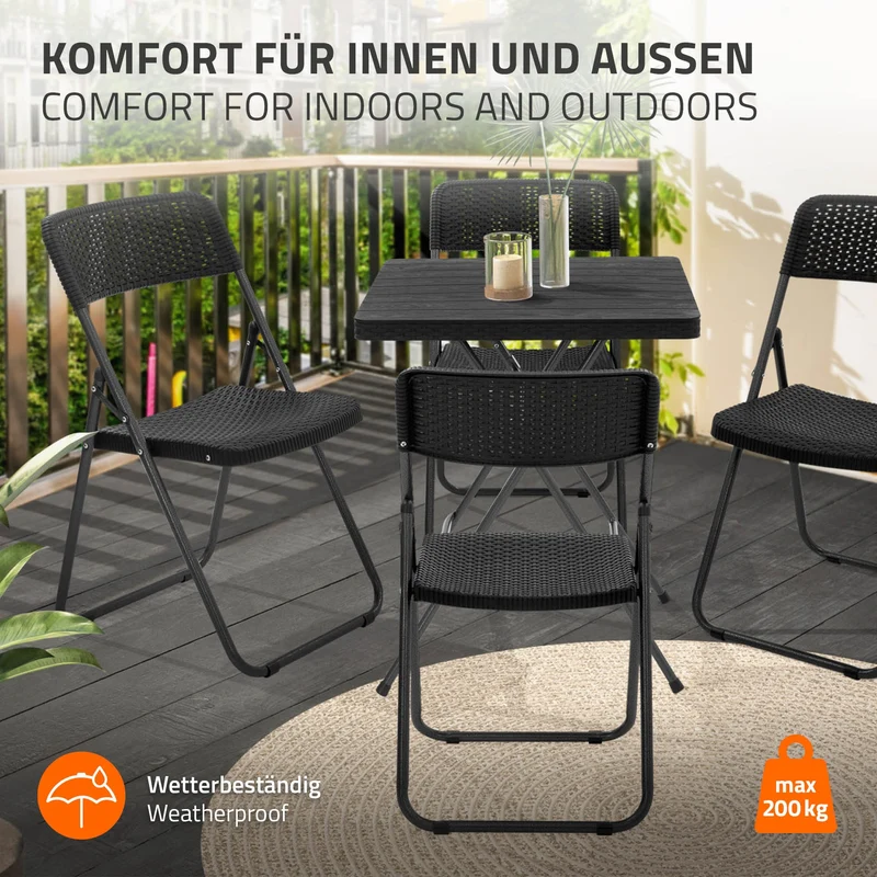 ECD Germany | Balkonstuhl Set Klappbar 51x46x82 cm, aus Stahl, PP-Kunststoff, Schwarz, Rattan-Optik Bistrostuhl Gartenstuhl Campingstuhl