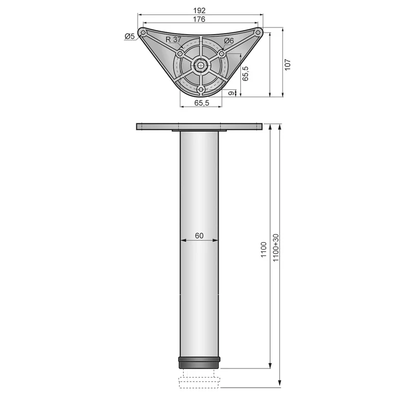 Tischbein 110 cm hoch - ZnAl Montageplatte - Aluminium