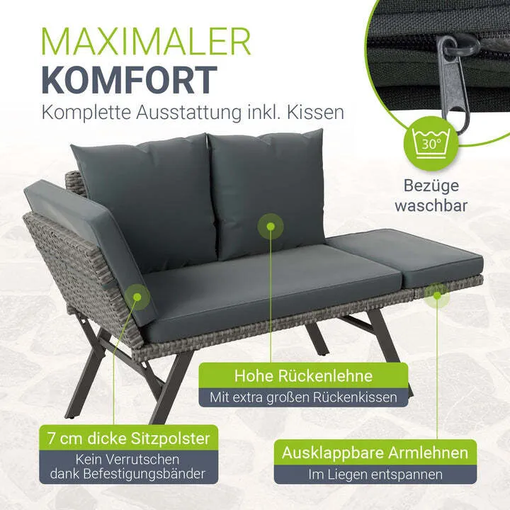 B-Ware Polyrattan Multifunktionsbank Calvia Gartenbank Liegefunktion grau 171x62x84 cm
