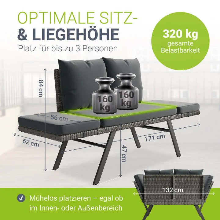 B-Ware Polyrattan Multifunktionsbank Calvia Gartenbank Liegefunktion grau 171x62x84 cm
