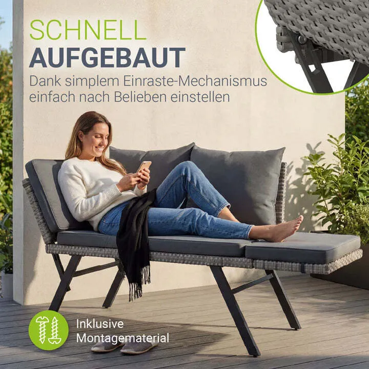 B-Ware Polyrattan Multifunktionsbank Calvia Gartenbank Liegefunktion grau 171x62x84 cm