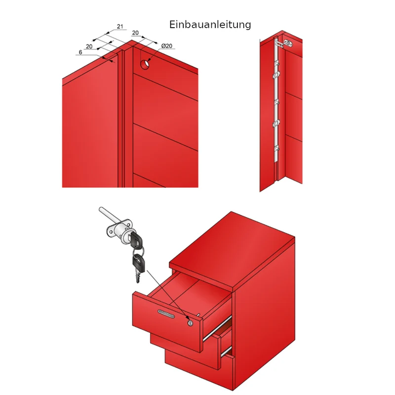 Schubstangenschloss für 3 Schubladen 19x20mm, 500mm Leiste, Chrom