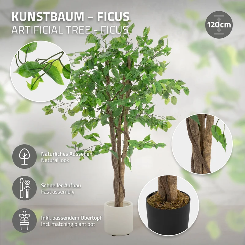 ML-Design | Künstlicher Ficus mit Naturholzstamm im Topf, aus Stoff, Holz, PP, Kunstpflanze
