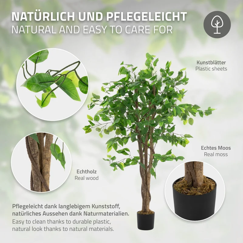 ML-Design | Künstlicher Ficus mit Naturholzstamm im Topf, aus Stoff, Holz, PP, Kunstpflanze