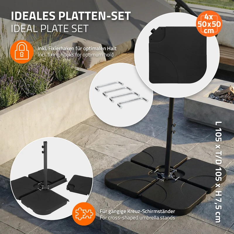 ML-Design | Sonnenschirmständer 4-teilig, befüllbar mit 60 Liter Wasser/80kg Sand, Schirmgewicht, Gewichtsplatten für Ampelschirmständer