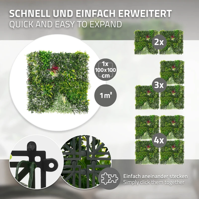 ECD Germany | Kunstpflanzen Wandpaneel UV-beständig 100x100 cm, Grün, Künstliche Pflanzenwand Outdoor, Wandgarten, Blumenwand für Wand Balkon Garten