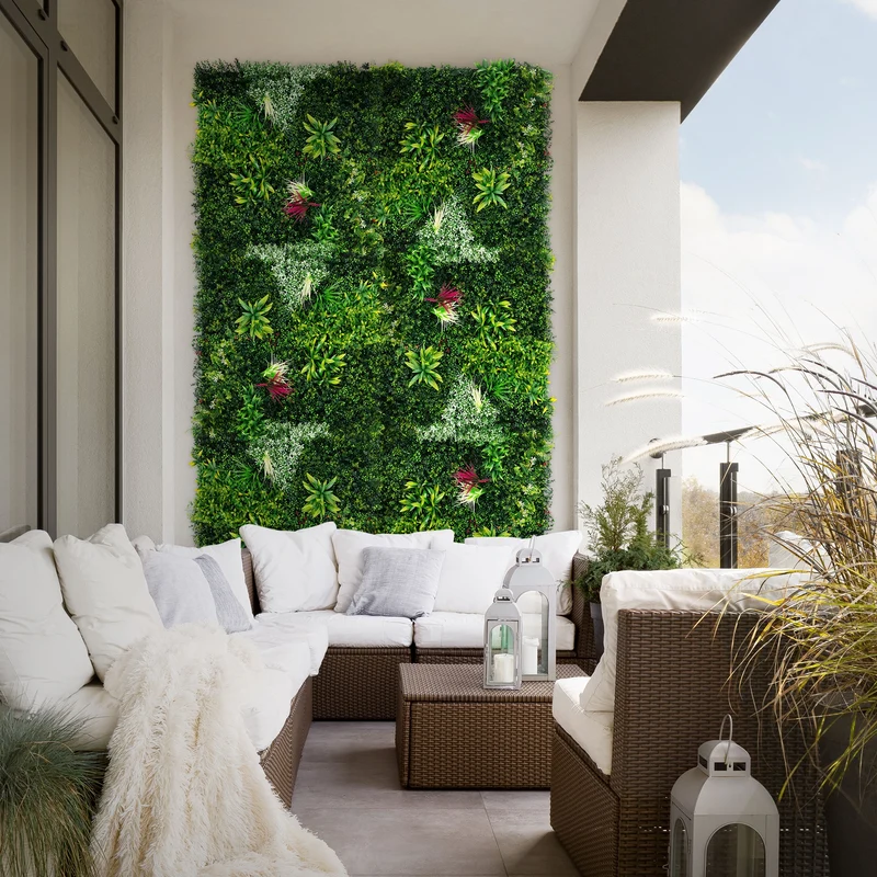 ECD Germany | Kunstpflanzen Wandpaneel UV-beständig 100x100 cm, Grün, Künstliche Pflanzenwand Outdoor, Wandgarten, Blumenwand für Wand Balkon Garten
