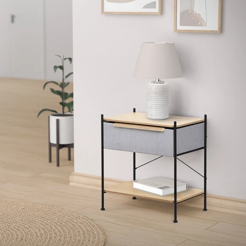 ML-Design | Nachttisch mit Stoff Schublade Eiche aus Stahl, MDF, Nachttisch Aufbewahrungsschrank