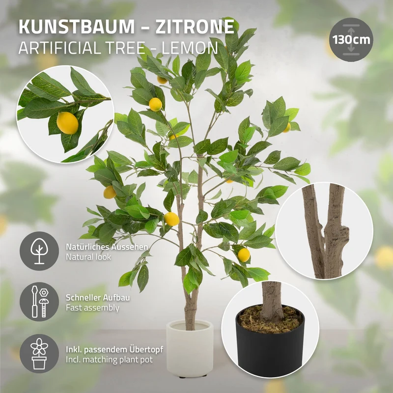 ML-Design | Künstlicher Zitronenbaum im Topf mit Früchten, 130/160 cm, aus Kunststoff, PP, Stoff, Kunstpflanze