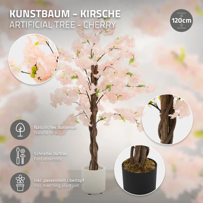 ML-Design | Künstlicher Kirschbaum mit Naturholzstamm im Topf, aus Stoff Holz PP, Kunstpflanze