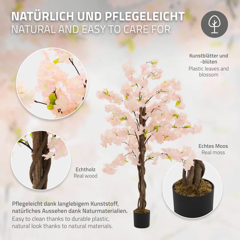 ML-Design | Künstlicher Kirschbaum mit Naturholzstamm im Topf, aus Stoff Holz PP, Kunstpflanze