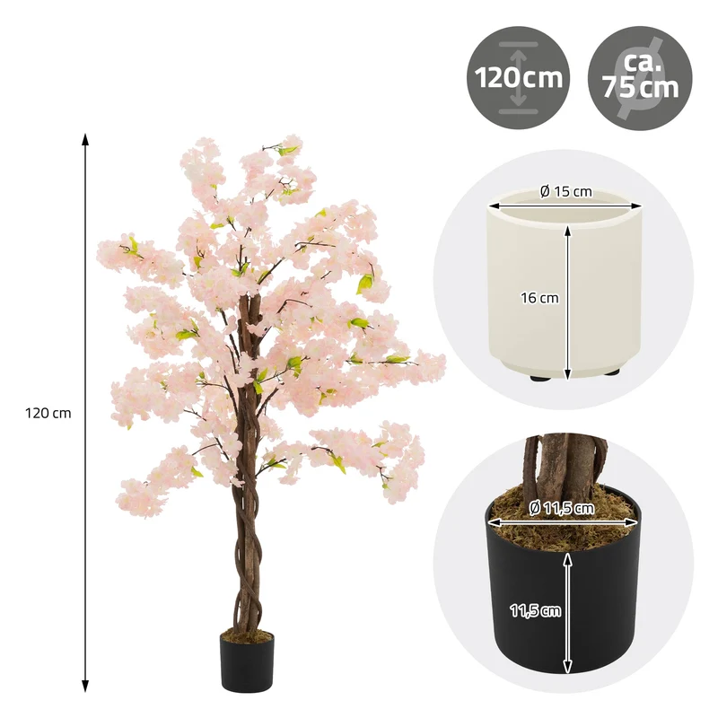 ML-Design | Künstlicher Kirschbaum mit Naturholzstamm im Topf, aus Stoff Holz PP, Kunstpflanze