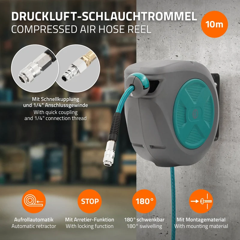 ECD Germany | Druckluft Schlauchtrommel Automatik 10/15/20/30 m 1/4" Anschluss für Wandmontage