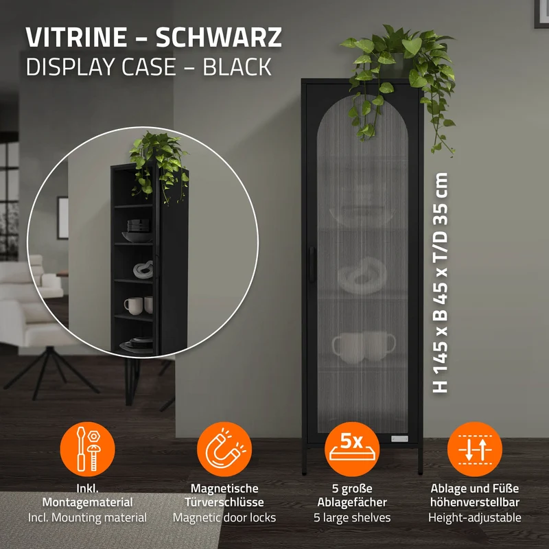 ML-Design | Vitrinenschrank mit 4 Einlegeböden 45x145x35 cm, aus Stahl, Vitrine Büroschrank