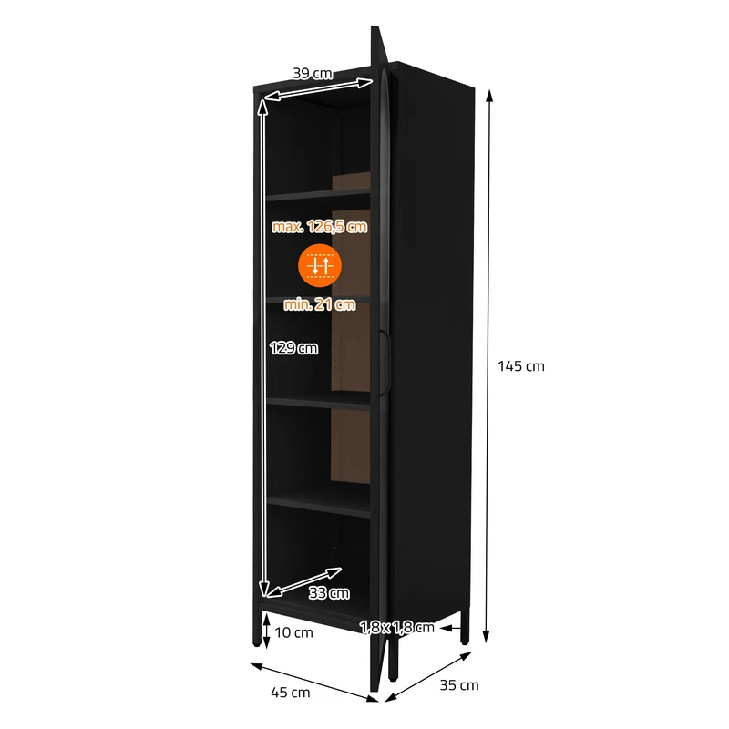ML-Design | Vitrinenschrank mit 4 Einlegeböden 45x145x35 cm, aus Stahl, Vitrine Büroschrank
