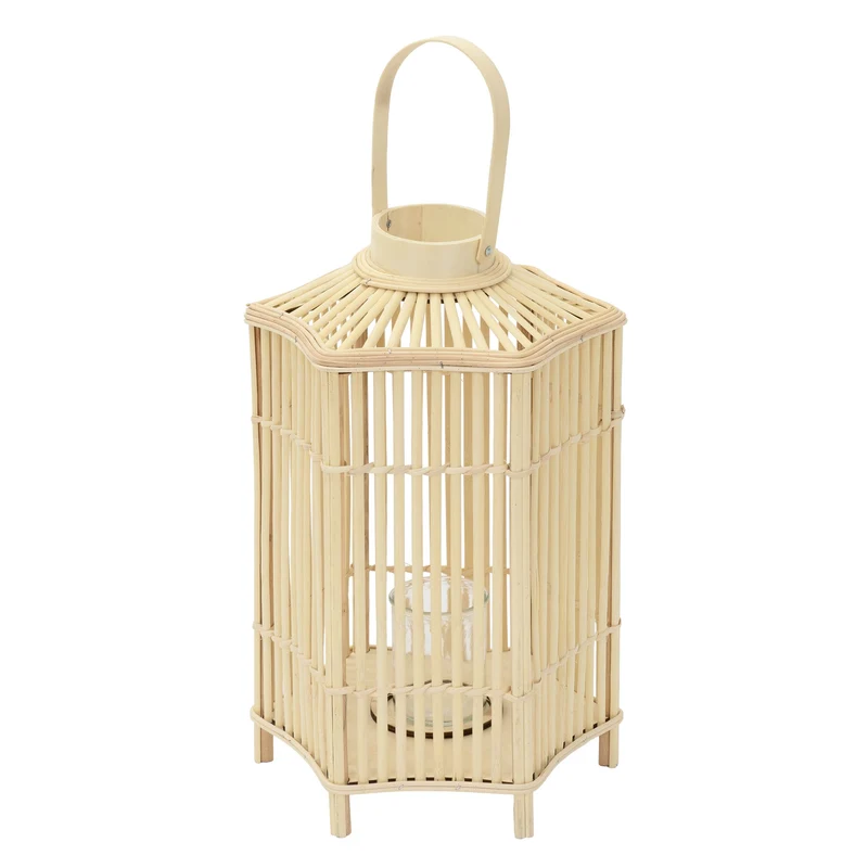 ECD Germany | Bambus Laterne sechseck Windlicht mit Henkel & Glaseinsatz, Natur/Grau, Boho Gartenlaterne, Flechtoptik Kerzenhalter
