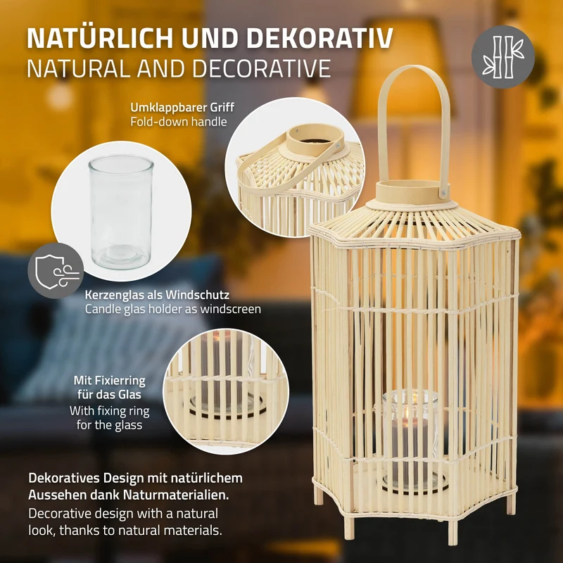 ECD Germany | Bambus Laterne sechseck Windlicht mit Henkel & Glaseinsatz, Natur/Grau, Boho Gartenlaterne, Flechtoptik Kerzenhalter