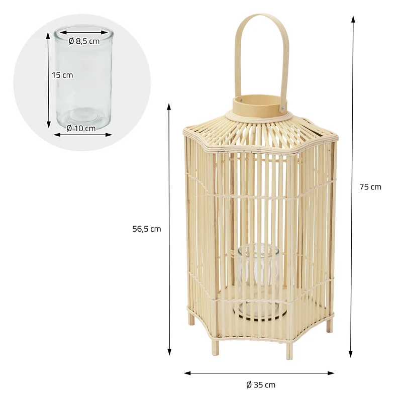 ECD Germany | Bambus Laterne sechseck Windlicht mit Henkel & Glaseinsatz, Natur/Grau, Boho Gartenlaterne, Flechtoptik Kerzenhalter